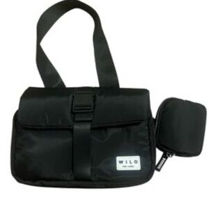Wilo The Label Matte Black Puffer Crossbody Belt Bag with mini zippered pouch..